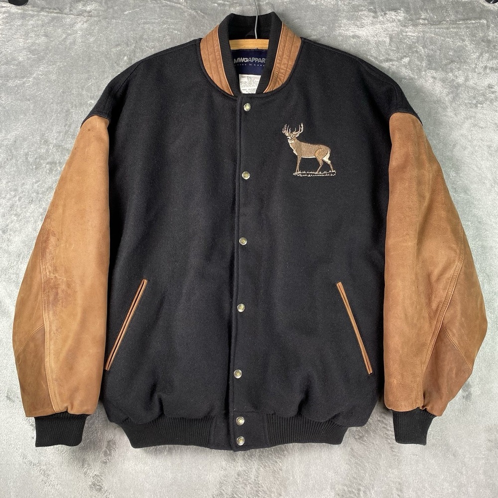 Vintage Deer Varsity Jacket Mens L Black Brown Wool Leather Lined Buck Nature